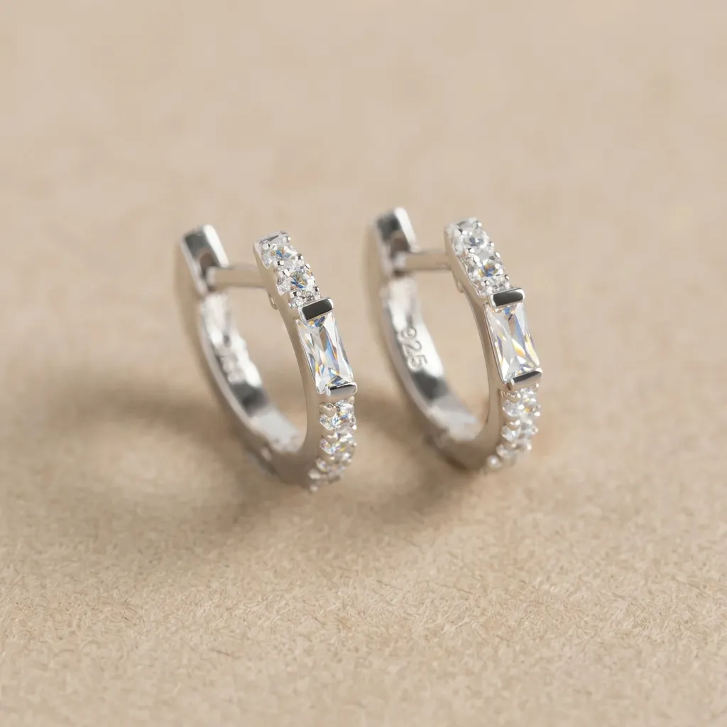 925 Silver Rhinestone White Geometric Huggie Earring, 0.0050 kg