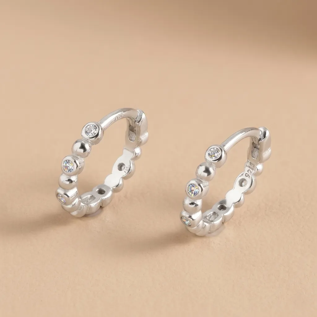 925 Silver Rhinestone White Bead Huggie Earring, 0.0040 kg