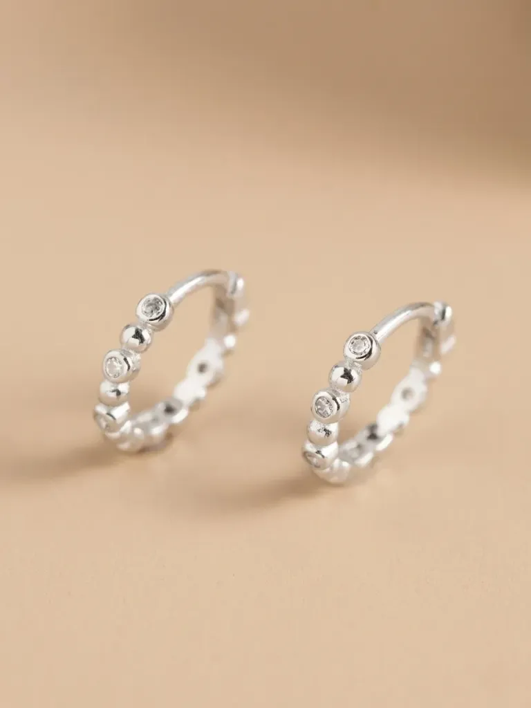 925 Silver Rhinestone White Bead Huggie Earring, 0.0040 kg