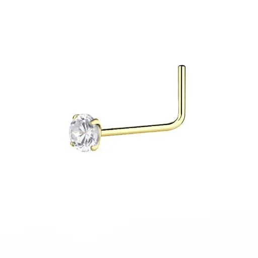 14K Solid Gold 2.5 mm White Cubic Zirconia L-shaped Nose Ring, 0.06 g 