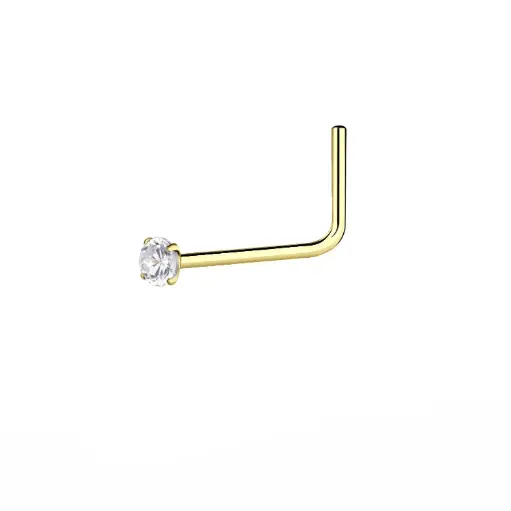 14K Solid Gold 1.5 mm White Cubic Zirconia L-shaped Nose Ring, 0.05 g 