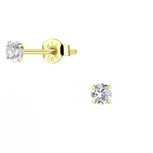 14K Solid Gold 3mm White Cubic Zirconia Stud Earring, 0.30 g