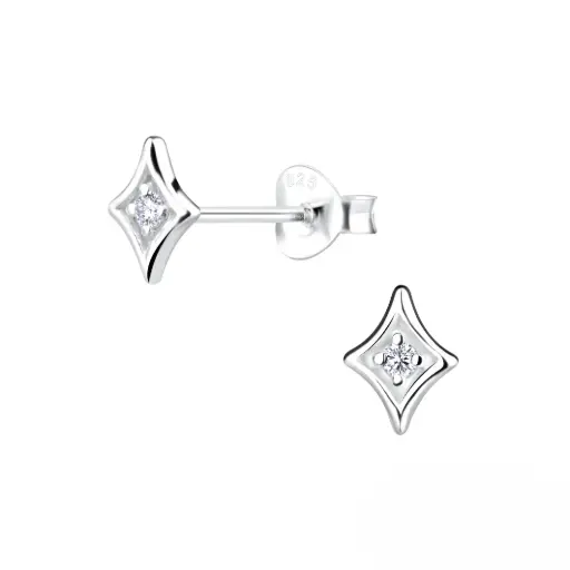925 Silver Diamond Shaped Stud Earring With 0.04ct Natural Diamond, 0.63 g