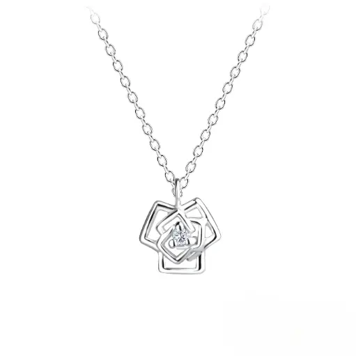 925 Silver Rose Flower Necklace With 0.02ct Natural Diamond, 1.30 g