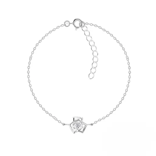 925 Silver Rose Flower Bracelet With 0.02ct Natural Diamond, 0.96 g 