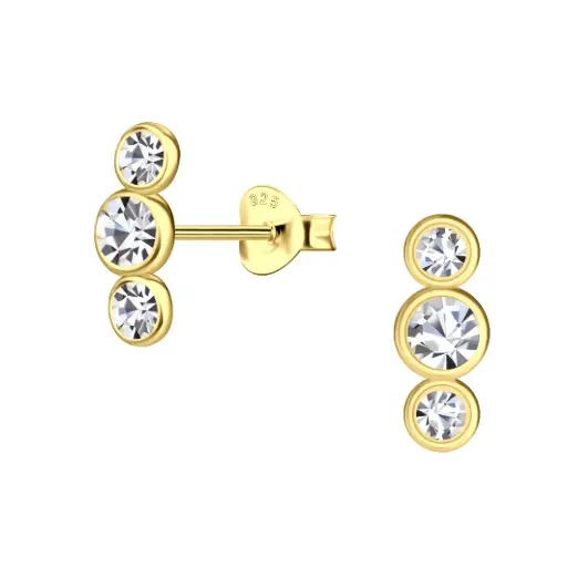 925 Silver 14K Gold Plated Three White Crystal Stones Stud Earring, 0.60 g