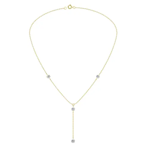 925 Silver 14K Gold Plated Round White Cubic Zirconia Hanging Chain Necklace, 1.85 g
