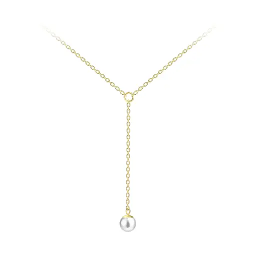 925 Silver 14K Gold Plated White Imitation Pearl Hanging Chain Necklace, 1.15 g