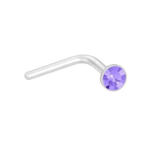 925 Silver Purple Crystal L-shaped Nose Ring, 0.3 g