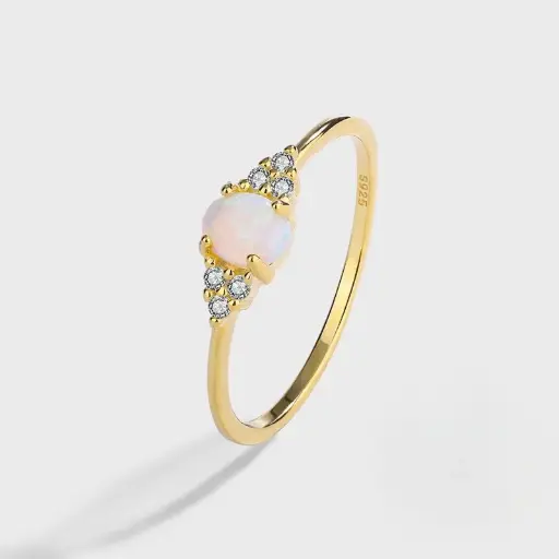 925 Silver Gold Plated Oval White Opal Ring US 6, 7 g