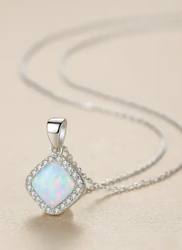 925 Silver White Squared Opal Necklace, 0.0030 kg