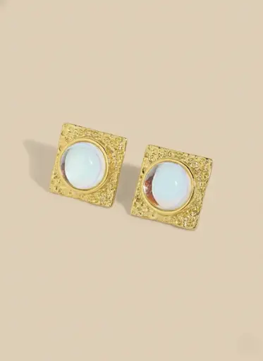925 Silver 14K Gold Plated Opal Square Vintage Stud Earring, 0.0070 kg 