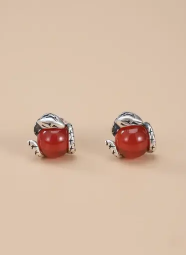 925 Silver Garnet Snake Vintage Stud Earring, 0.0040 kg