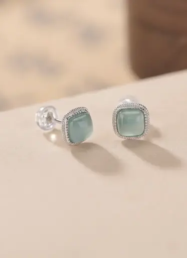 925 Silver Jade Square Vintage Stud Earring, 0.0040 kg