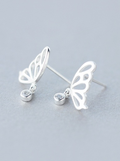 S925 Hollow Butterfly Stud Earring with Single Drop White Cubic Zirconia, 0.0015 kg