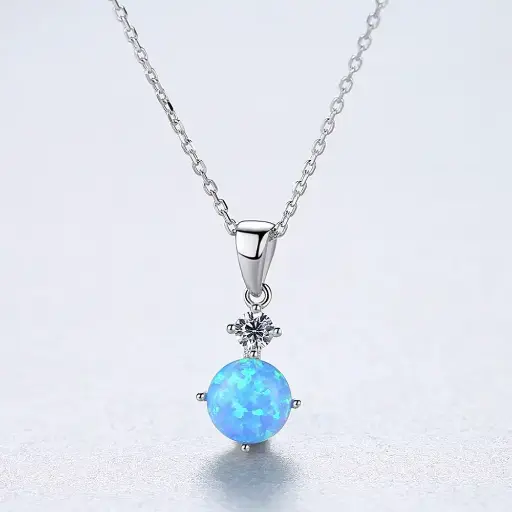 S925 Singular Blue Round Opal and Cubic Zirconia Necklace, 0.0030 kg