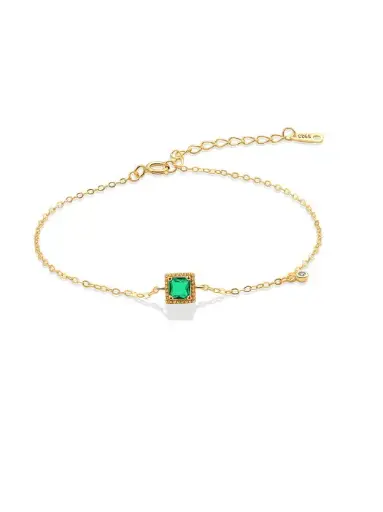 S925 14k Gold Plated Green Cubic Zirconia Geometric Link Bracelet, 0.0040 kg