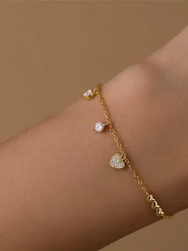 S925 14K Gold Plated White Cubic Zirconia Heart Link Bracelet, 0.0050 kg