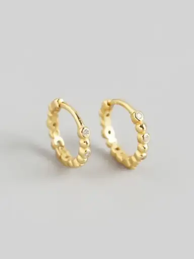 S925 14K Gold Plated Rhinestone White Bead Huggie Earring, 0.0040 kg