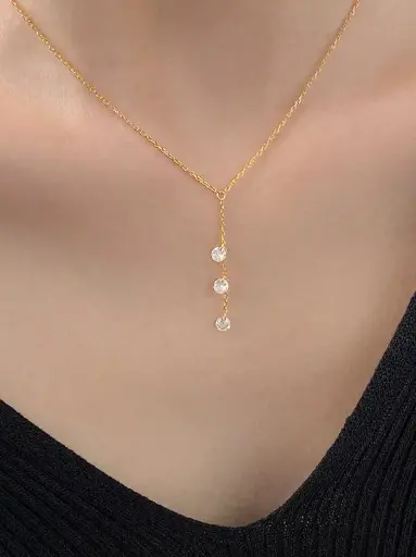 S925 14K Gold Plated Three Cubic Zirconia Tassel Necklace, 0.0050 kg
