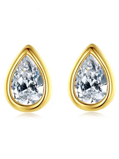 S925 14K Gold Plated White Cubic Zirconia Water Drop Stud Earring, 0.0030 kg