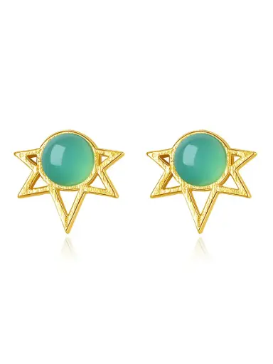 925 Silver 14K Gold Plated Green Opal Half Sun Stud Earring, 0.0030 kg