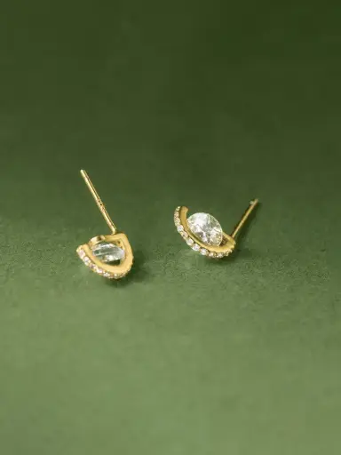 S925 14K Gold Plated Single Cubic Zirconia Half Moon Stud Earring, 0.0050 kg