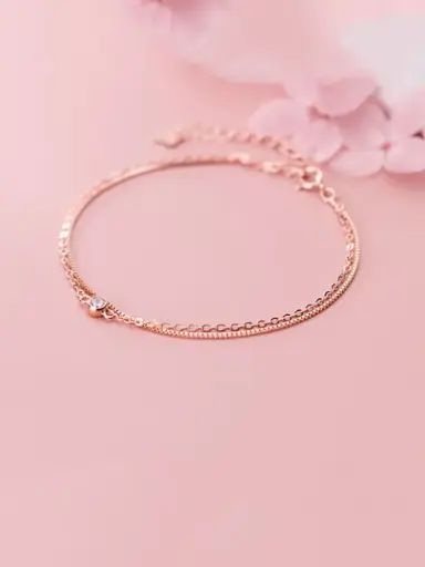 925 Silver 14K Rose Gold Plated White Cubic Zirconia Single Stone Double Strand Bracelet, 0.0050 kg