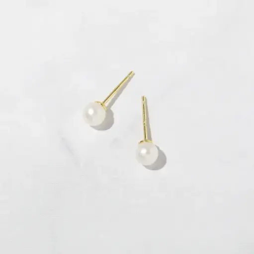 925 Silver 14K Gold Plated Freshwater Pearl Round Minimalist Stud Earring, 0.0050 kg 